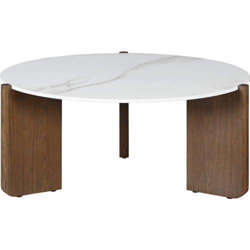 Elissa Coffee Table in White Marbled Stone & Walnut